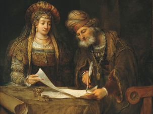 אסתר ומרדכי כותבים את סיפור המגילה (1675, Aert de Gelder)