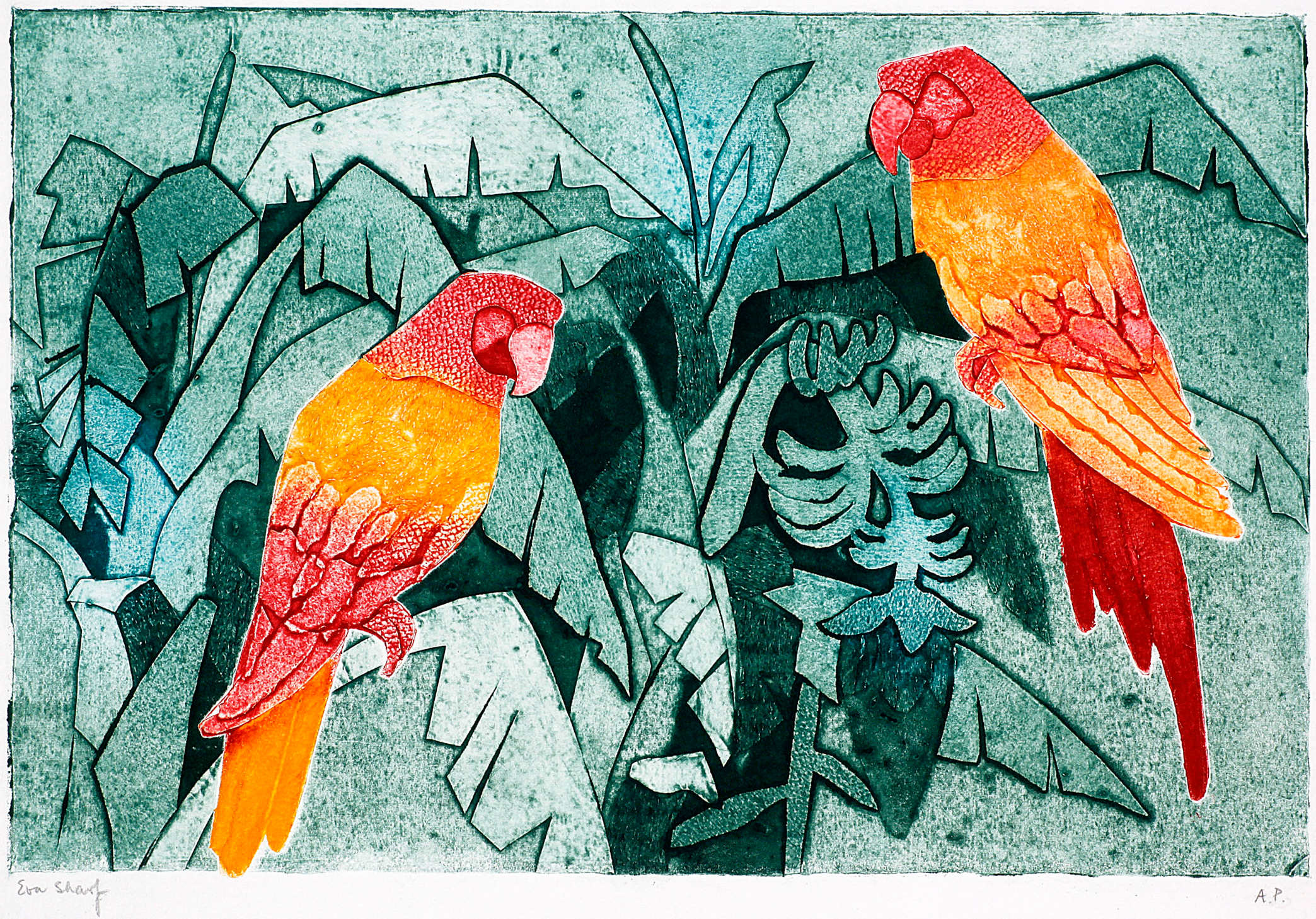 Parrots, collagraph