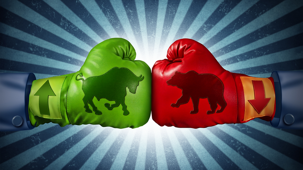 Green glove with bull and up arrow faces red glove with bear and down arrow, against a starburst background, symbolizing market trends.