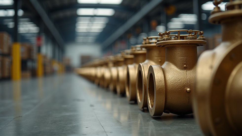 Eye-level view of bronze valves arranged in a warehouse ready for shipment