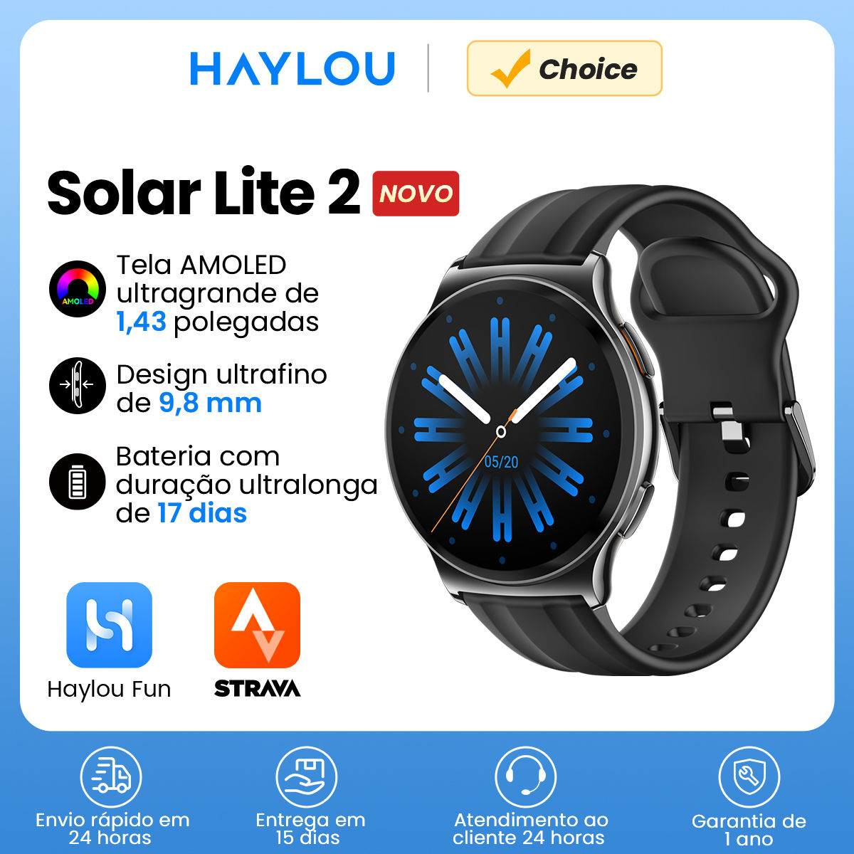 Smartwatch HAYLOU Solar Lite 2, tela AMOLED de 1,43'', monitoramento de saúde 24