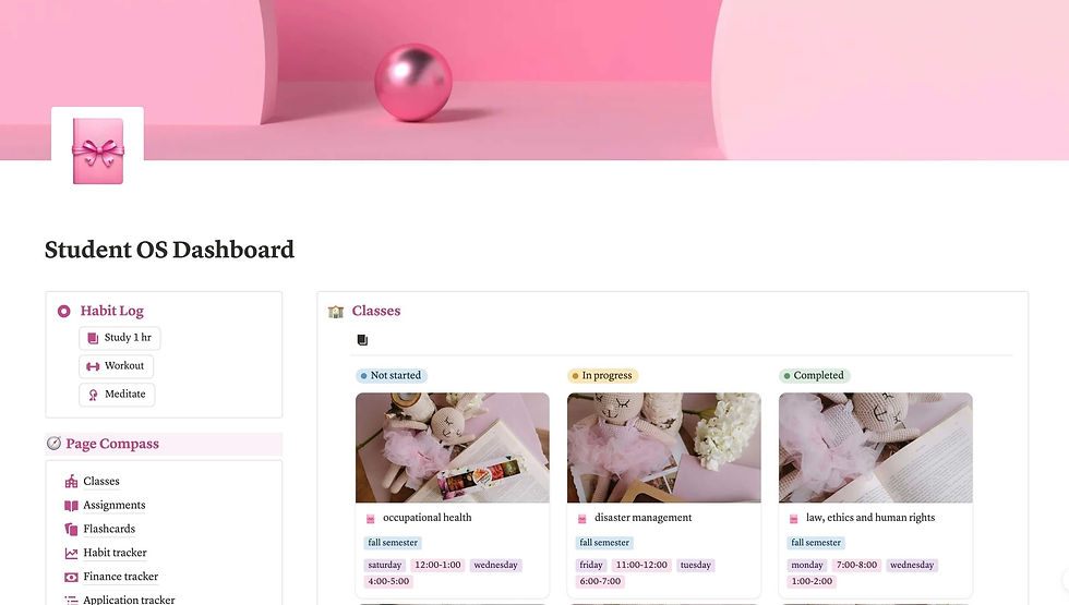 Close-up view of a Notion dashboard displaying a student's planner