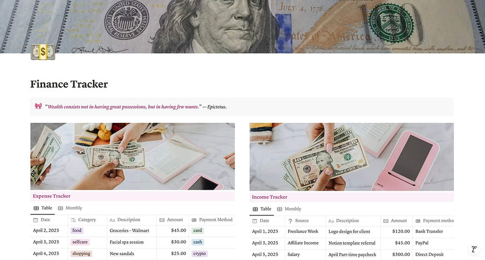 a pink finance tracker notion template