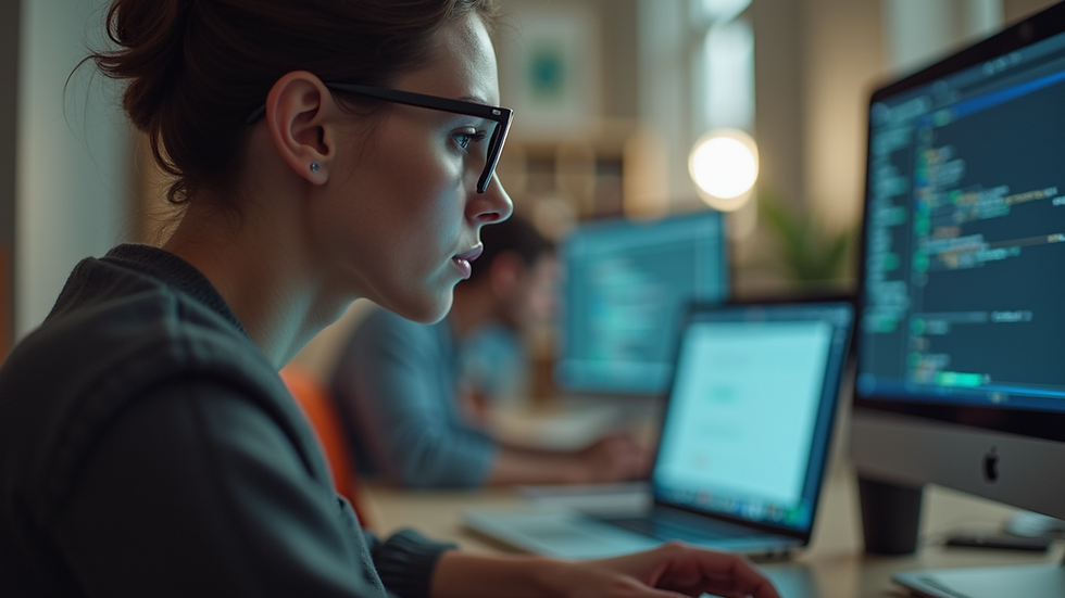 Close-up view of a person wearing computer glasses while working on a laptop