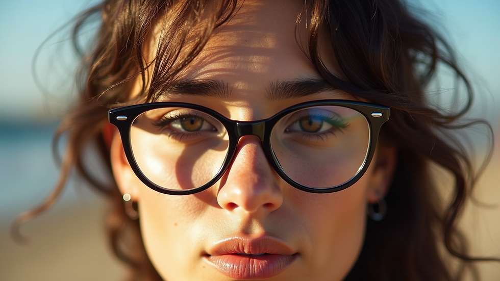 Vista frontal de una persona usando gafas de acetato colorido