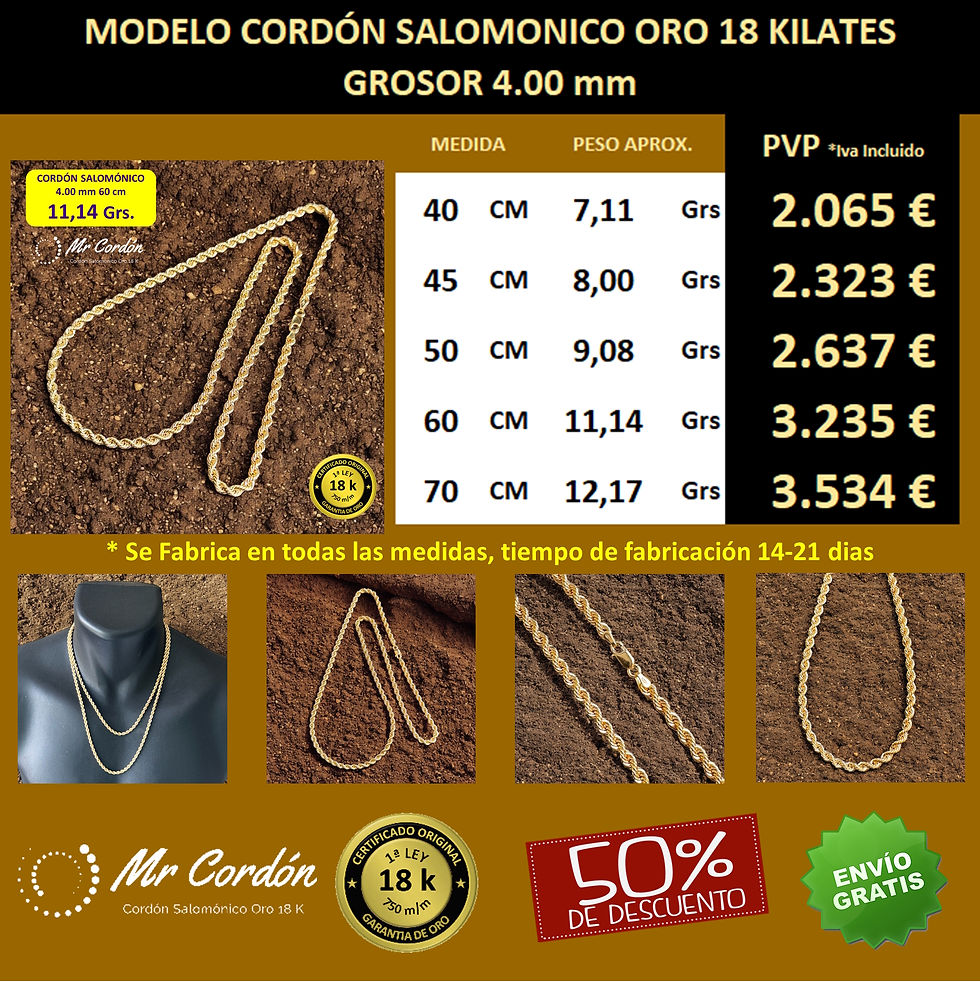 Collar Cordón Salomónico 4.00 mm Oro 18 Kilates