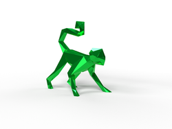 Little Monkey escultura em aço verde com vista lateral direita e postura imponente