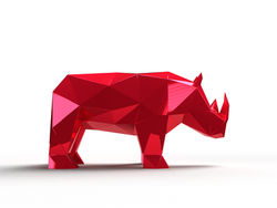 Escultura Jungle Rino em vista lateral direita. Rinoceronte em aço carbono com design facetado moder