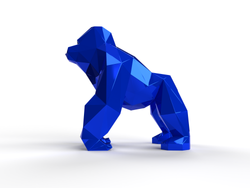 Escultura Forest King vista lateral, gorila em aço azul com design geométrico