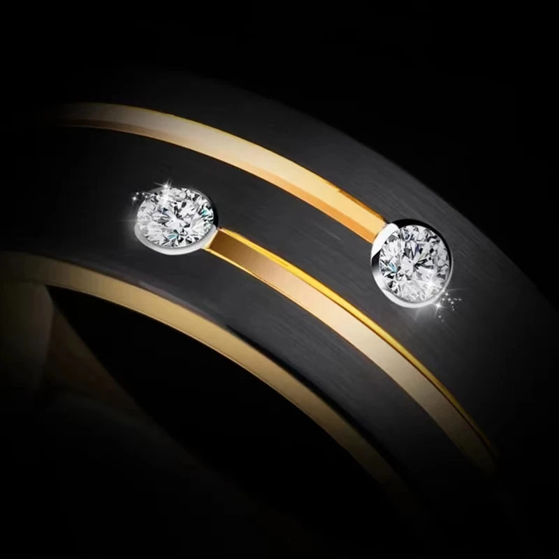 Thumbnail: Luxury Mens 8mm Black Stainless Steel Gold Color Ring Crystal Wedding Band for M