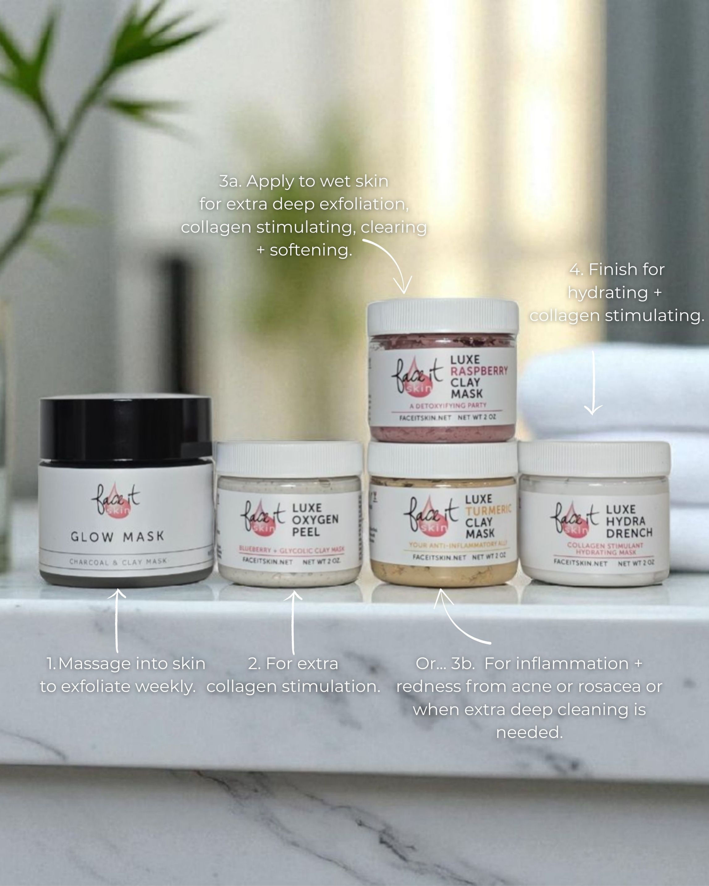 Face It Skin mask products sitting on a white countertop. From left to right, Glow Mask, Luxe Oxygen Peel,