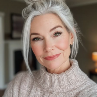 Woman in a white turtleneck age 63 with all white hair in a bun.