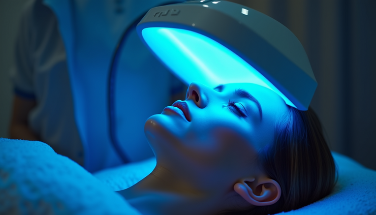 Eye-level view of blue light therapy panel shining on facial skin