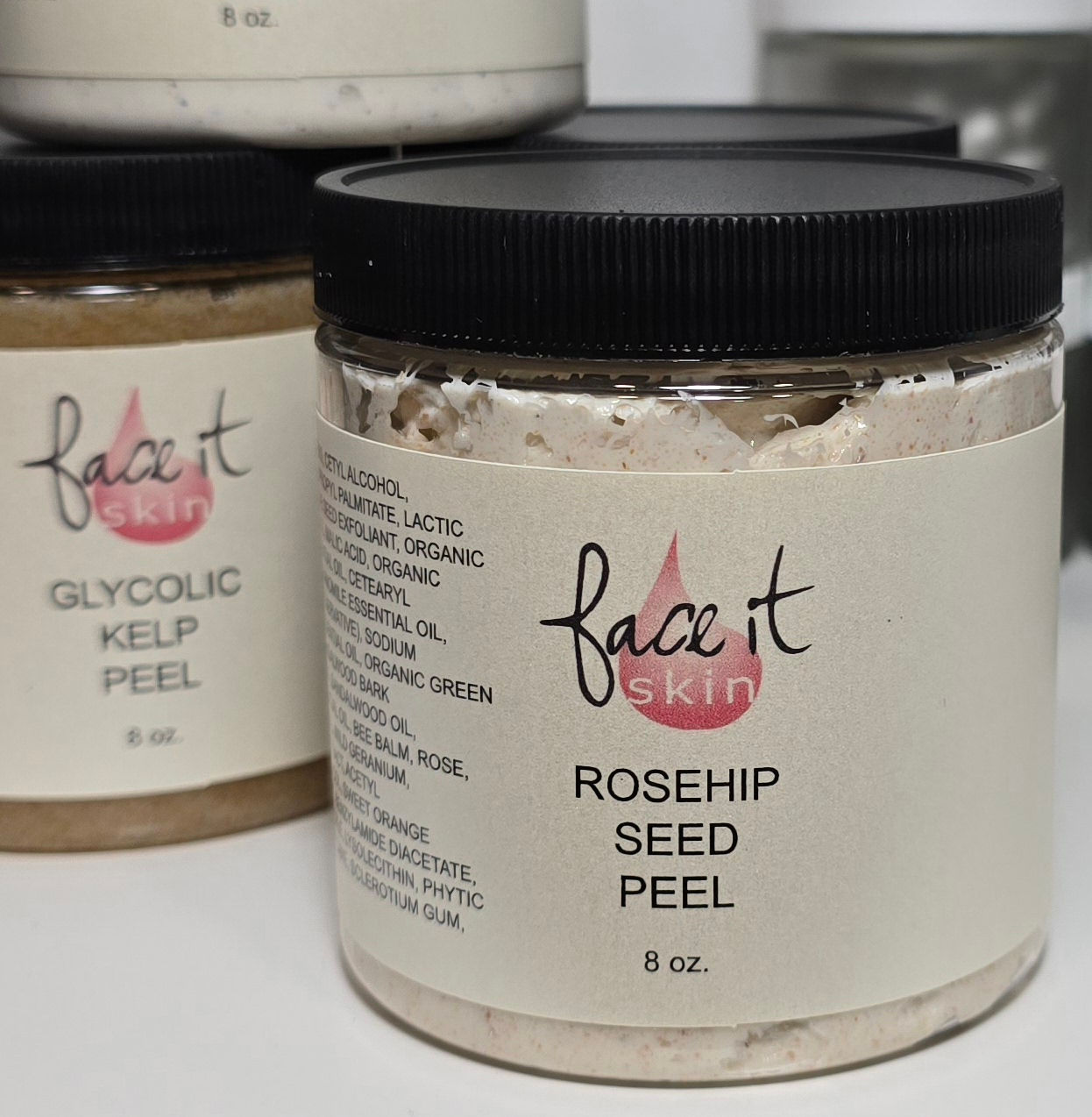 Rosehip Seed Peel in a soft cream-toned jar labeled with botanical ingredients and clean skincare branding.