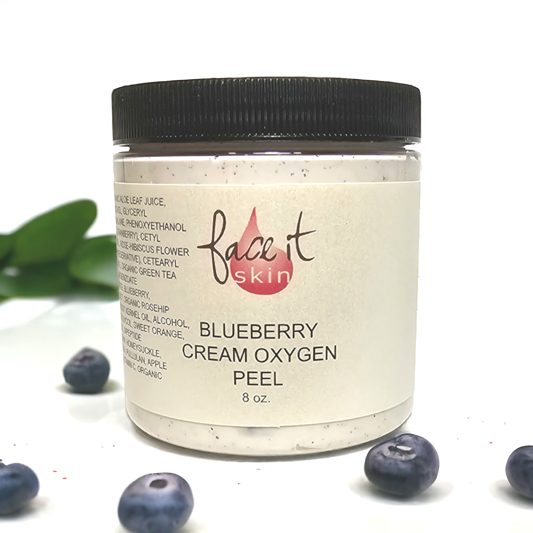 Blueberry Cream Oxygen Peel in a clean white jar with rich berry-toned label, showcasing its fresh and restorative formula.