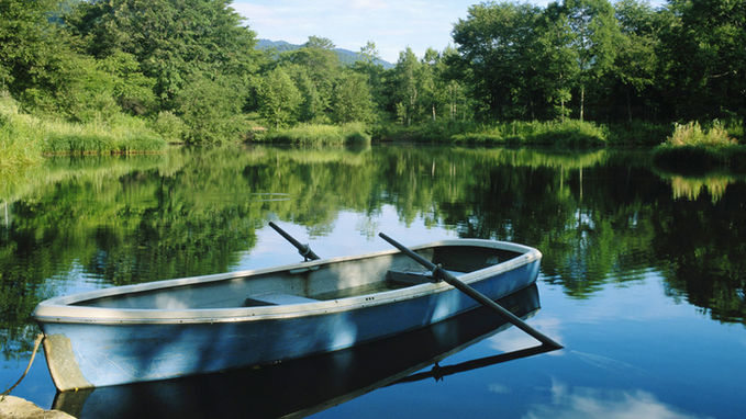 rowing boat on calm waters