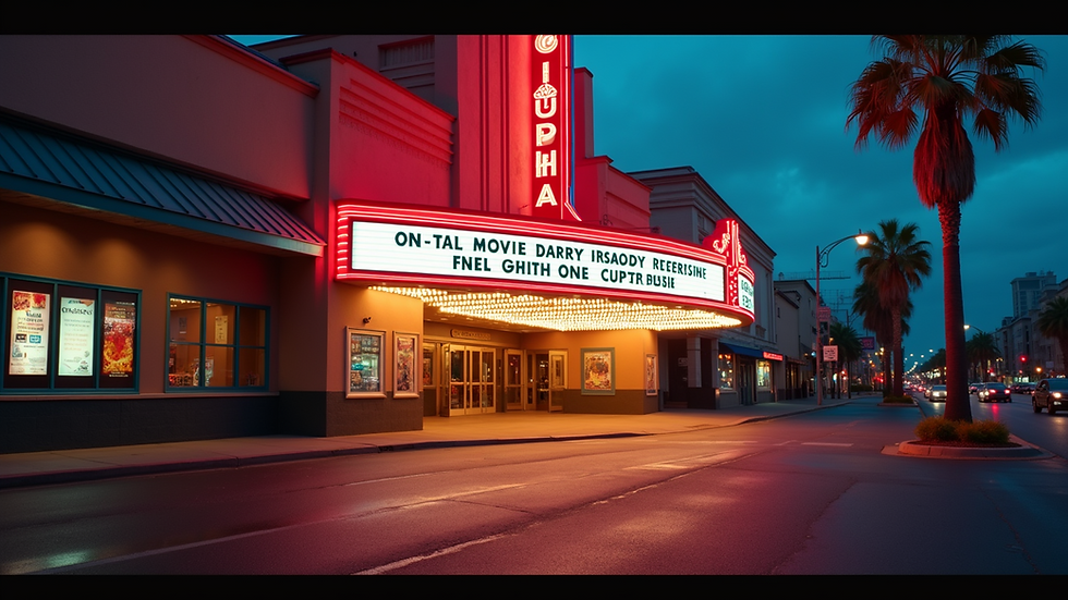 Eye-level view of a vibrant movie theater marquee
