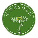 Console logo, a dark green stamp icon with the word console and a drawing of a chamomile flower