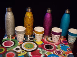 glittery water bottles and ice cream cups