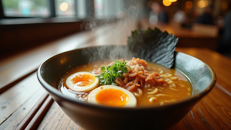 Eye-level view of steaming ramen bowl with rich broth and fresh toppings at Yokai Ramen Bistro