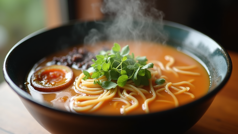 Close-up view of steaming bowl of rich ramen broth with noodles and toppings