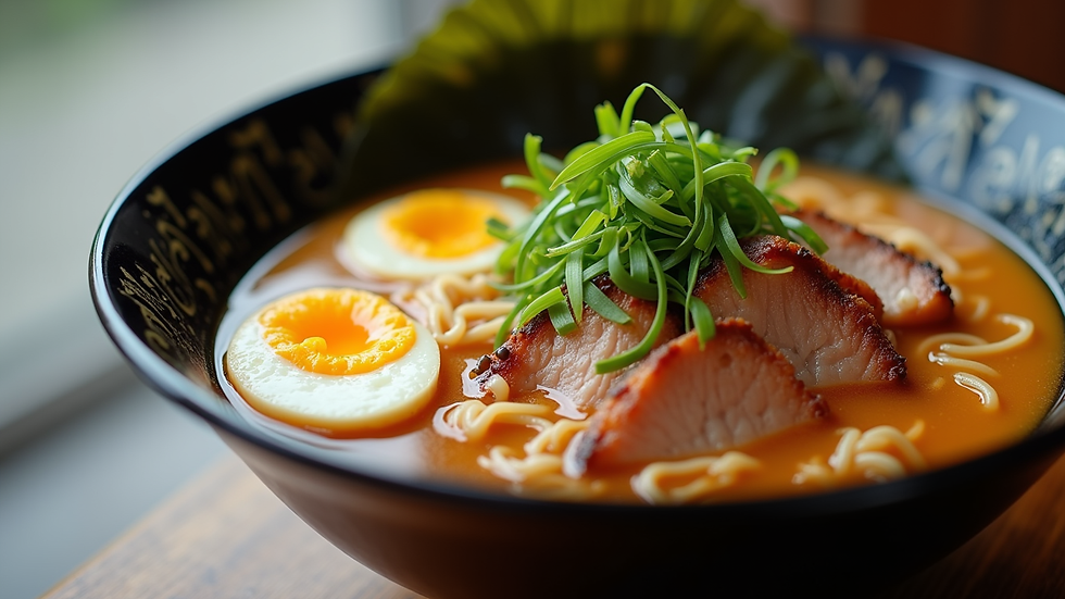 Eye-level view of a ramen bowl topped with chashu pork, soft-boiled egg, and fresh scallions