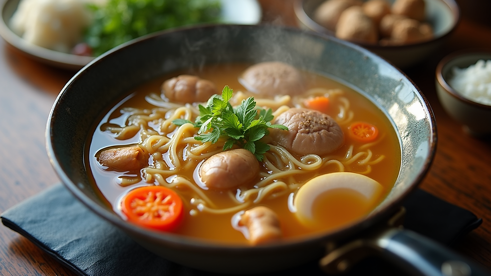 High angle view of rich ramen broth simmering in a pot with bones and vegetables