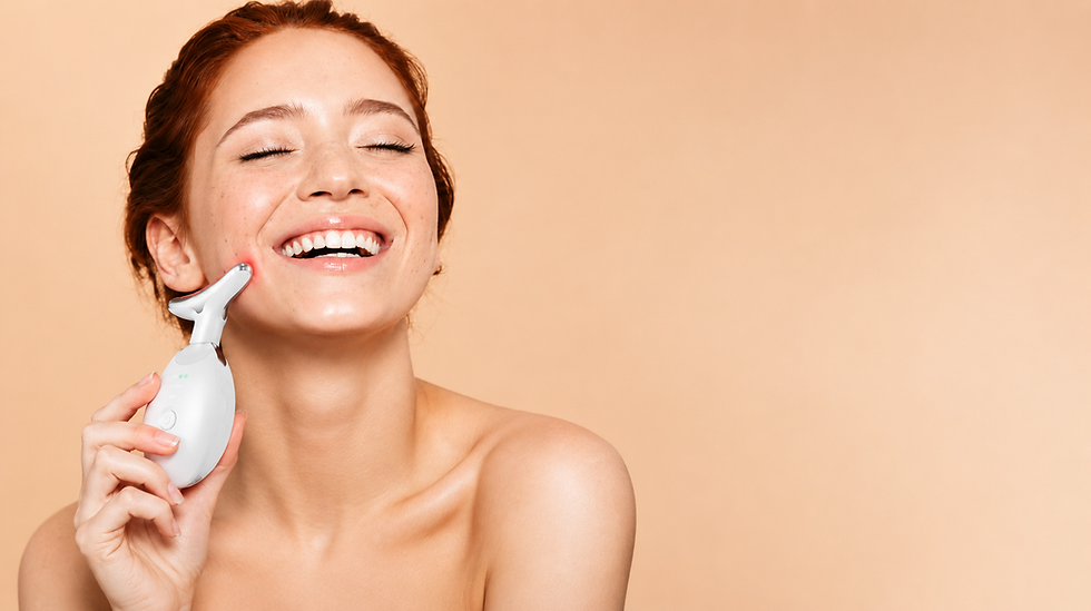 Smiling red-haired woman using an LED light therapy facial device on healthy-looking, glowing skin. G'LORE Beauty UK.