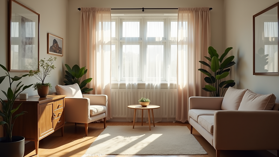 Eye-level view of a cozy counseling room with comfortable seating