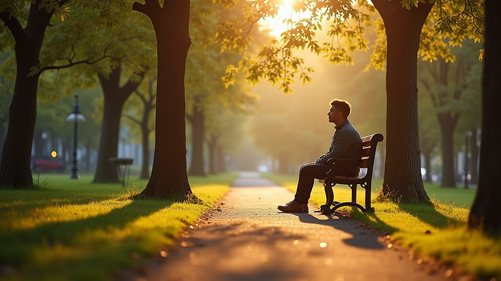 Eye-level view of a person sitting peacefully on a park bench surrounded by trees and sunlight