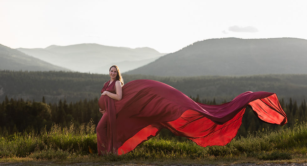 Pregnant woman in a flowing burgundy gown stands in a lush field, mountains in the background. The fabric billows dramatically in the breeze.