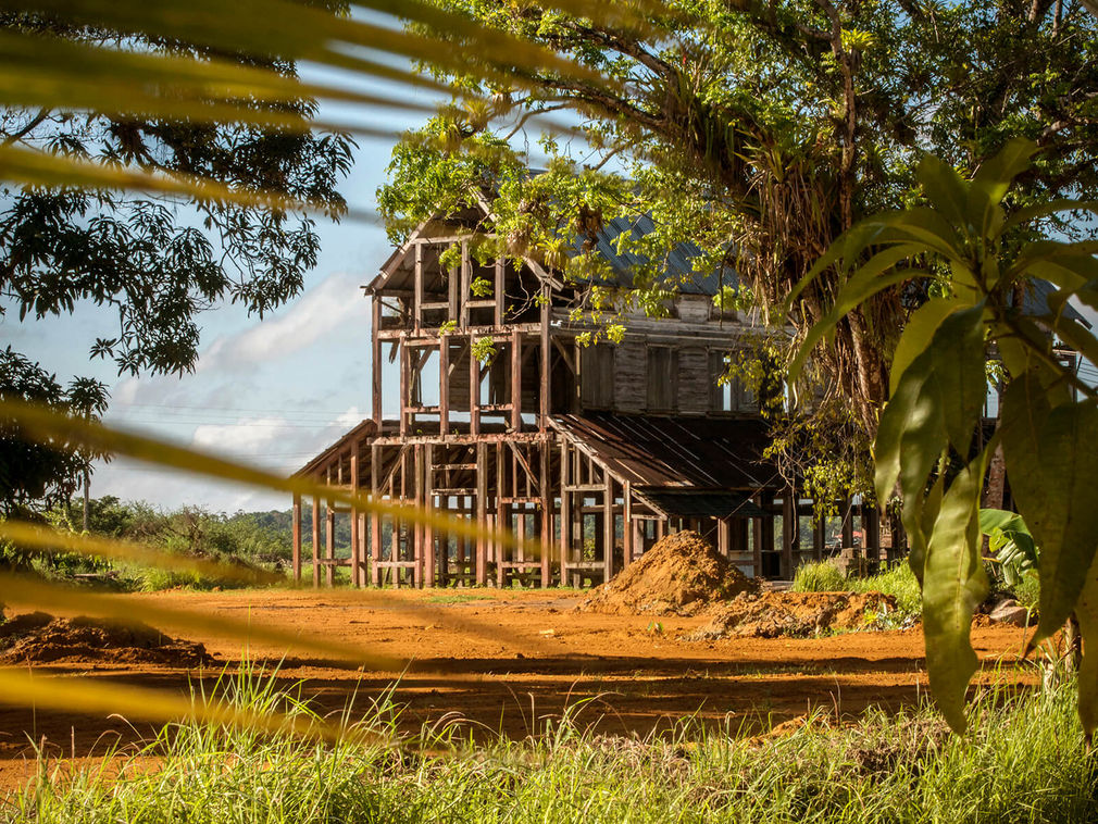 Houten huis in aanbouw, gedeeltelijk verborgen door bladeren
