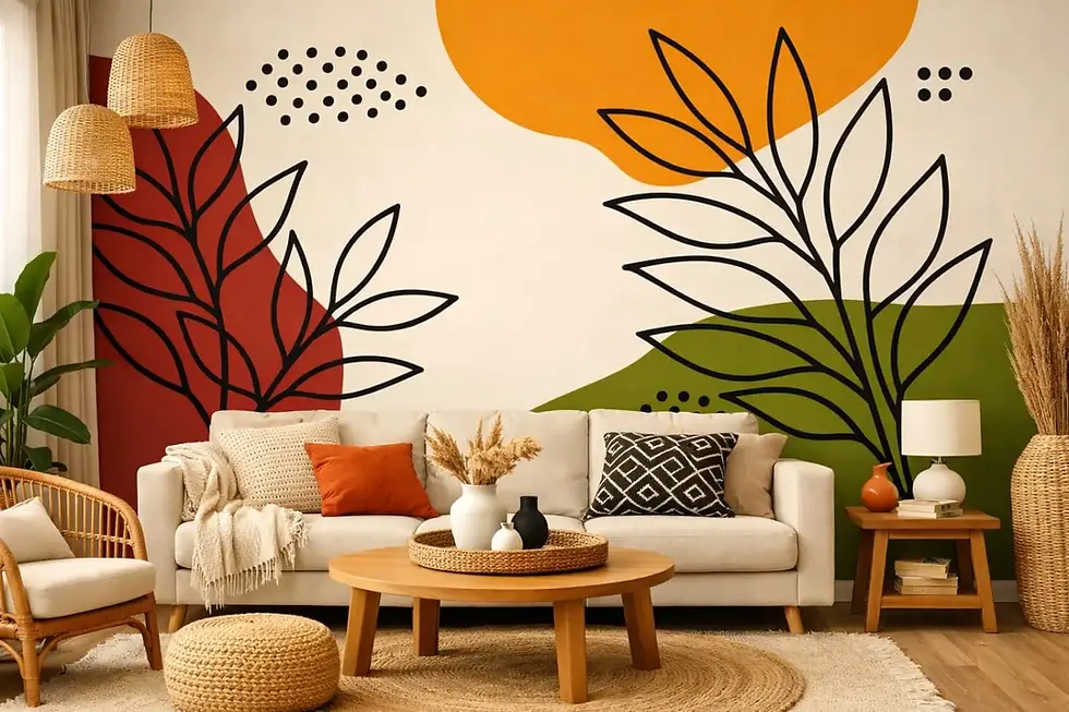 Abstract botanical line art leaf mural in red orange and olive Dubai