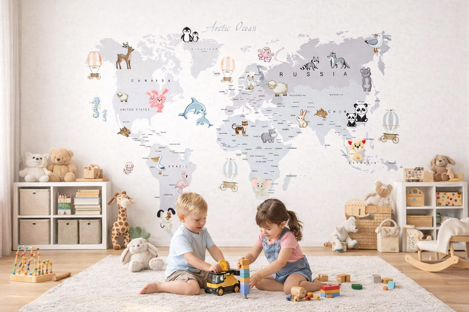 Kids world map animal wallpaper mural for playful bedrooms in Al Barsha South