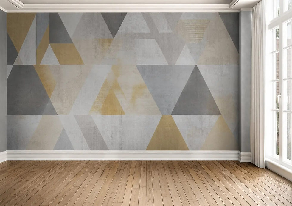 Close-up grey gold triangle pattern wallpaper detail for living rooms in Motor City
