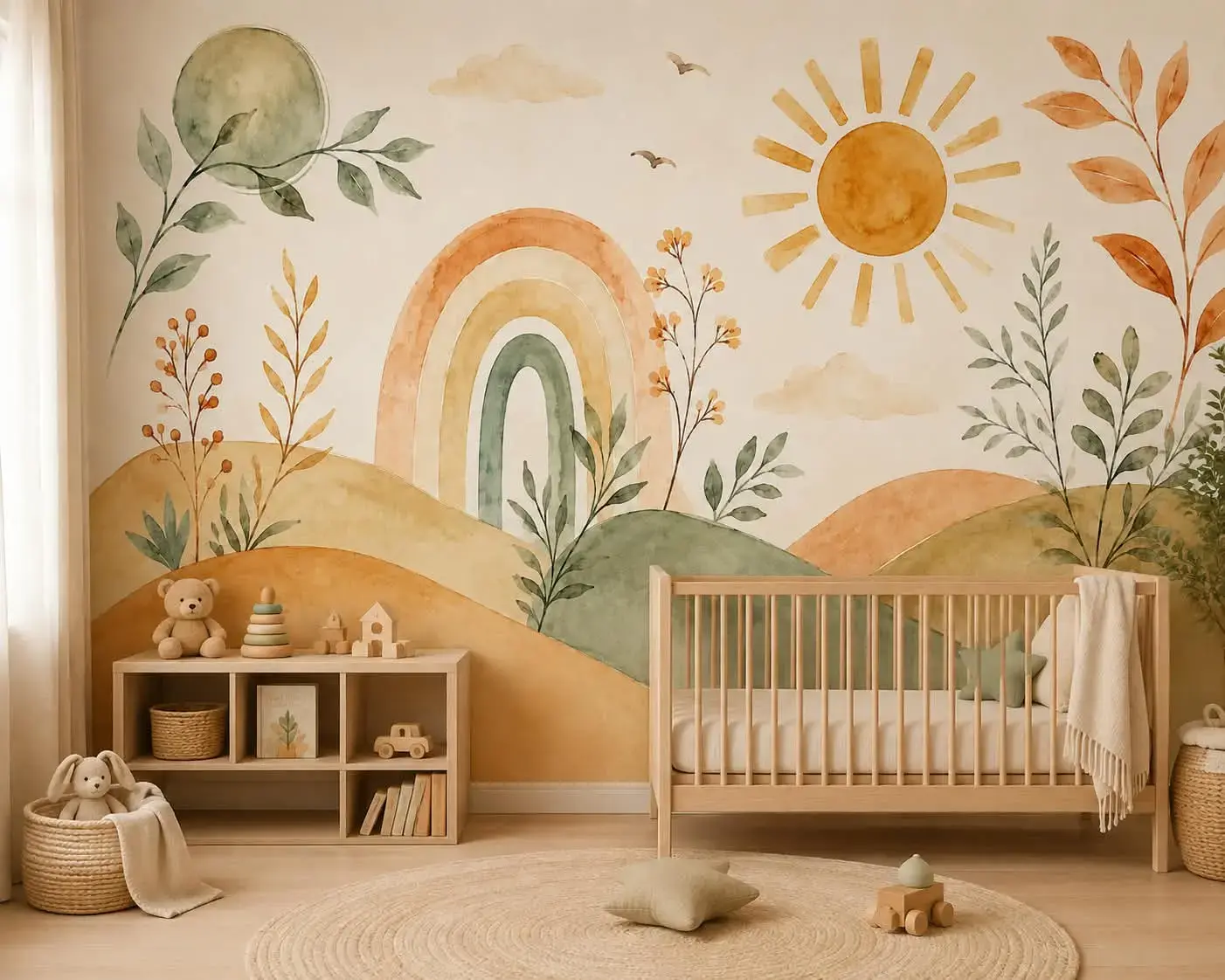 Boho watercolour nursery wallpaper mural with sun, arch rainbow and rolling hills in sage green and terracotta