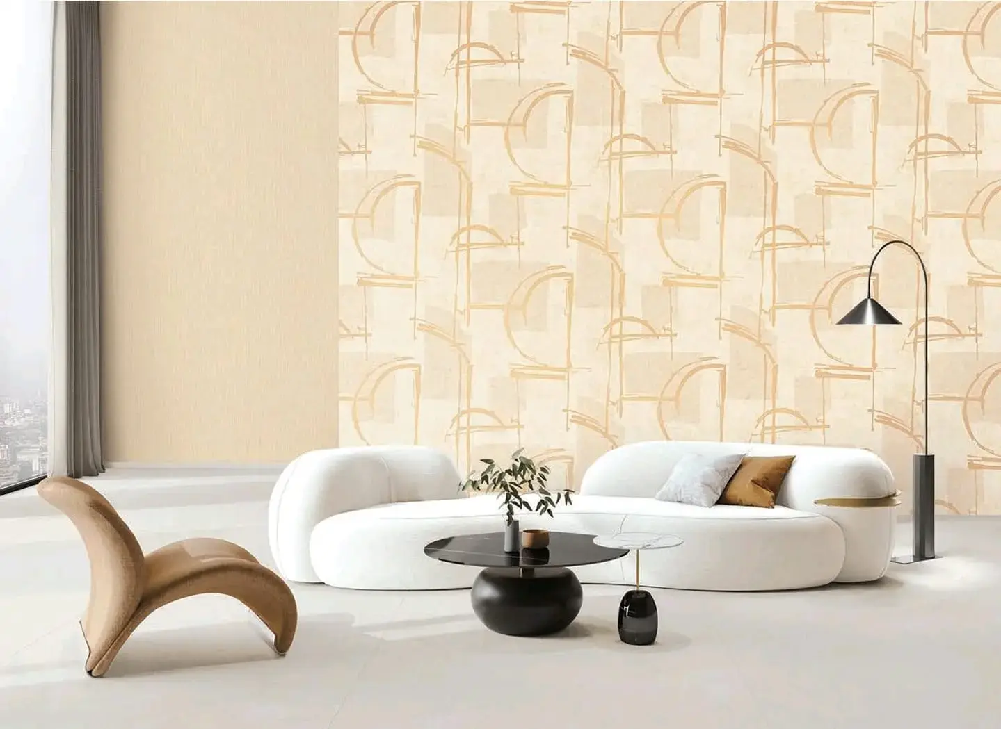 Beige and gold abstract arch line wallpaper in modern Dubai living room