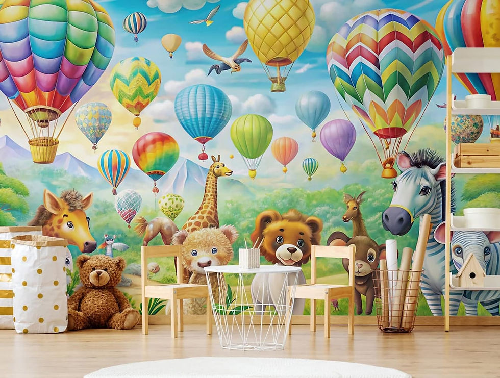 Balloon Safari kids wall mural with hot air balloons giraffe and zebra