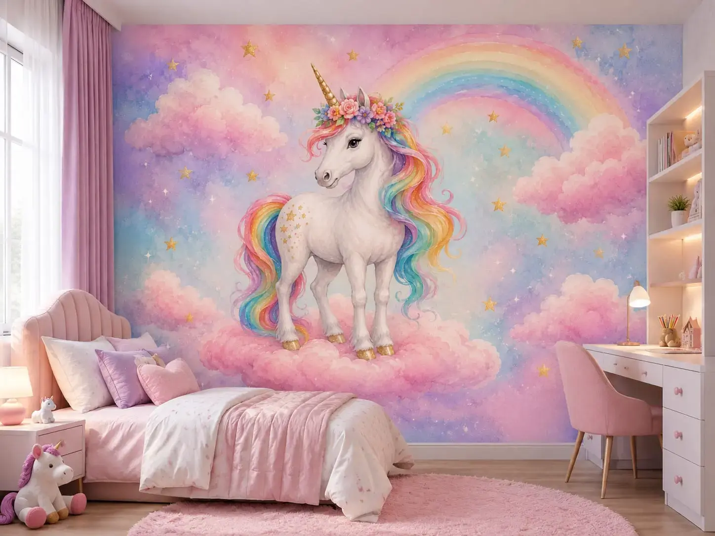 Rainbow cloud unicorn wall mural installed in Dubai girl's bedroom