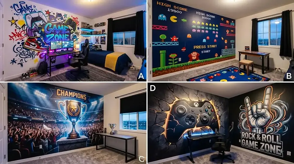 Four gaming wall mural designs from Wall Plex Dubai Gaming Collection