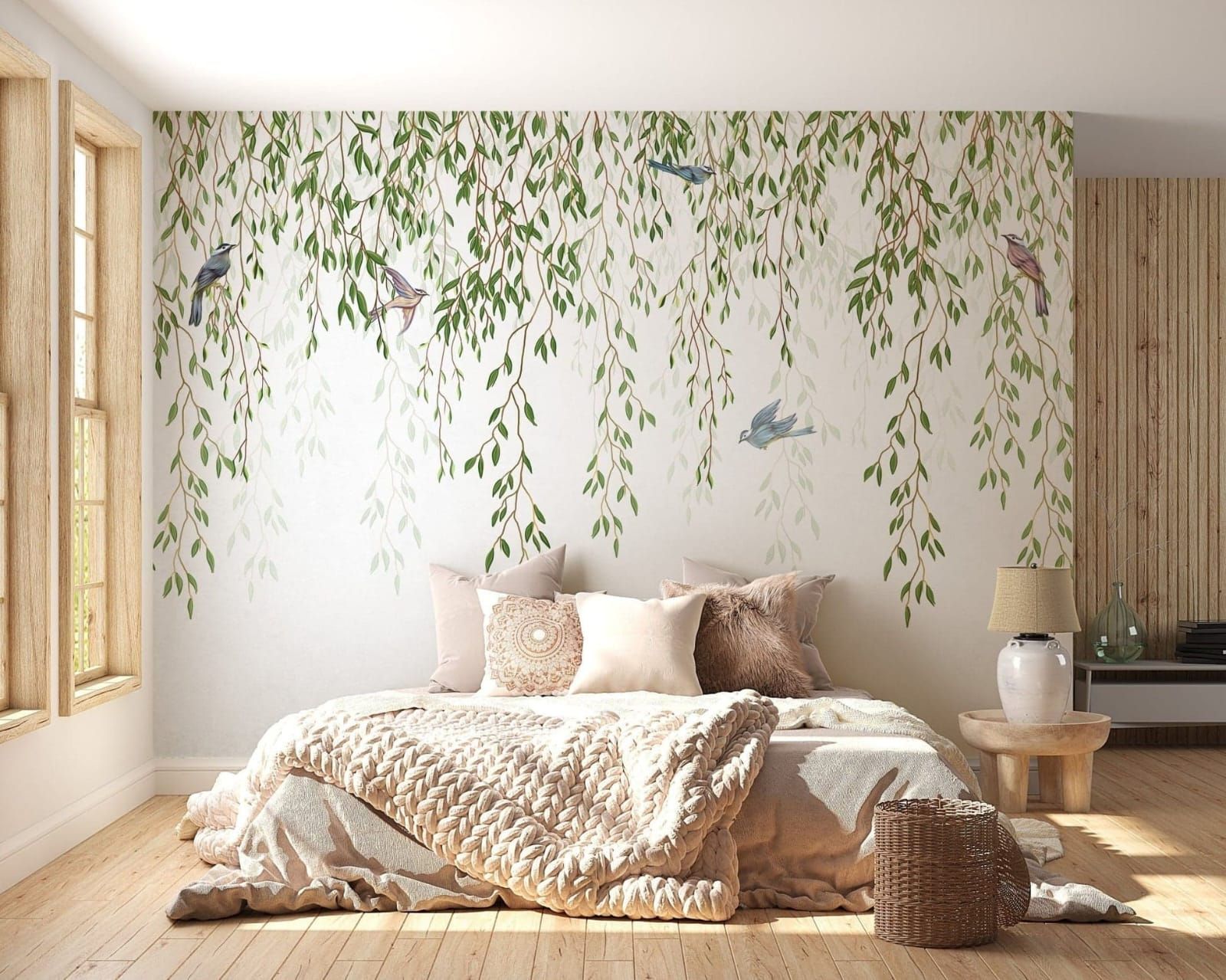 Hanging vine and leaf mural wallpaper for calm bedrooms in Al Mizhar