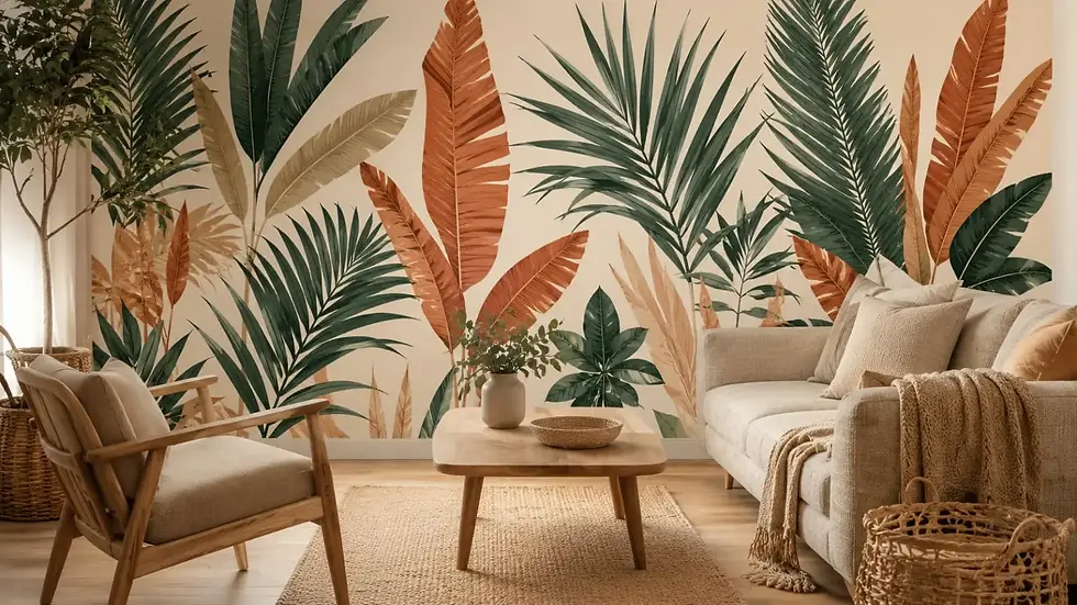 Tropical palm leaf wallpaper mural Dubai in boho living room