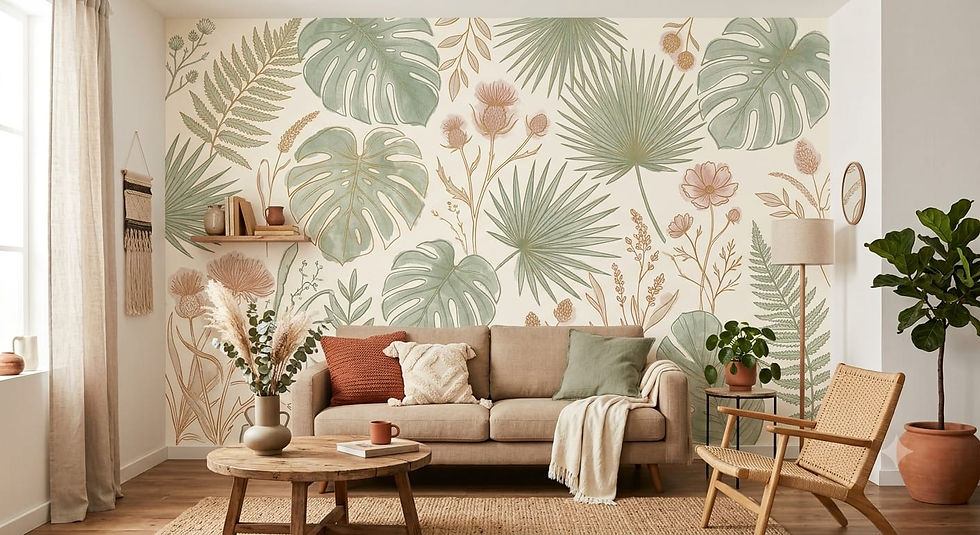 Watercolor boho botanical leaf wallpaper mural for cozy living rooms in Al Nahda