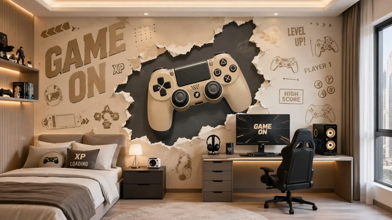 Gamer controller torn wall mural teen bedroom Dubai Sports City