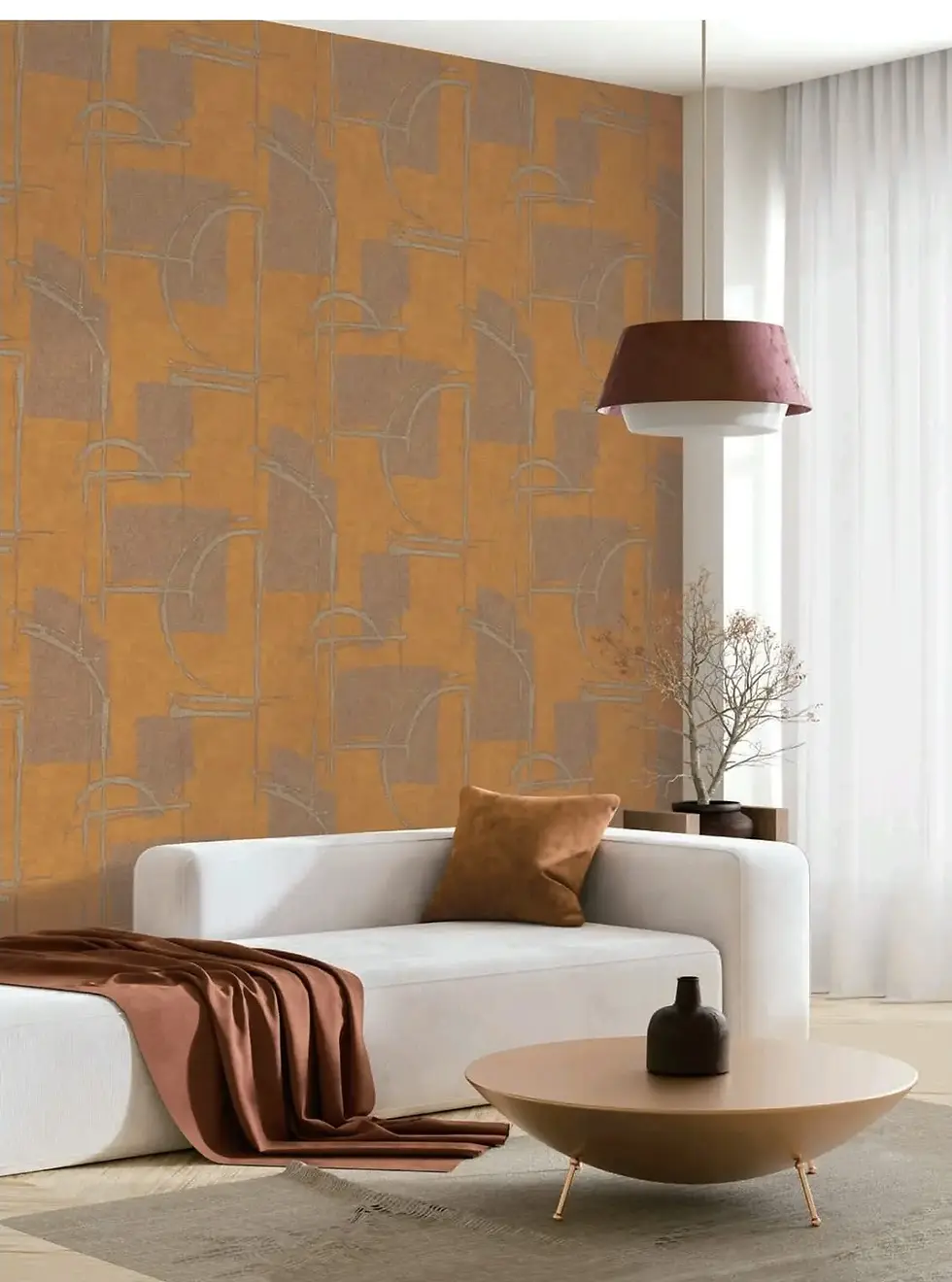Copper and bronze abstract arch line wallpaper in modern Dubai living room