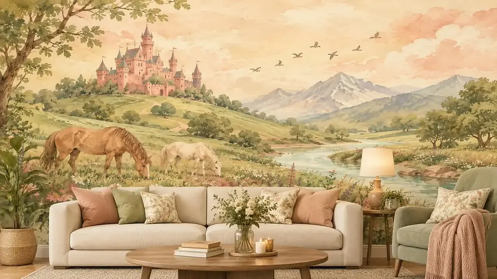 Watercolour castle and horses wall mural with a hilltop castle, grazing horses and a river at sunset
