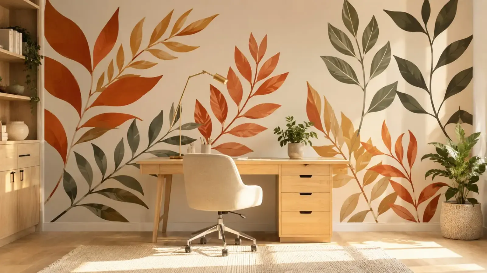 Warm terracotta leaf wall mural home office Dubai Marina