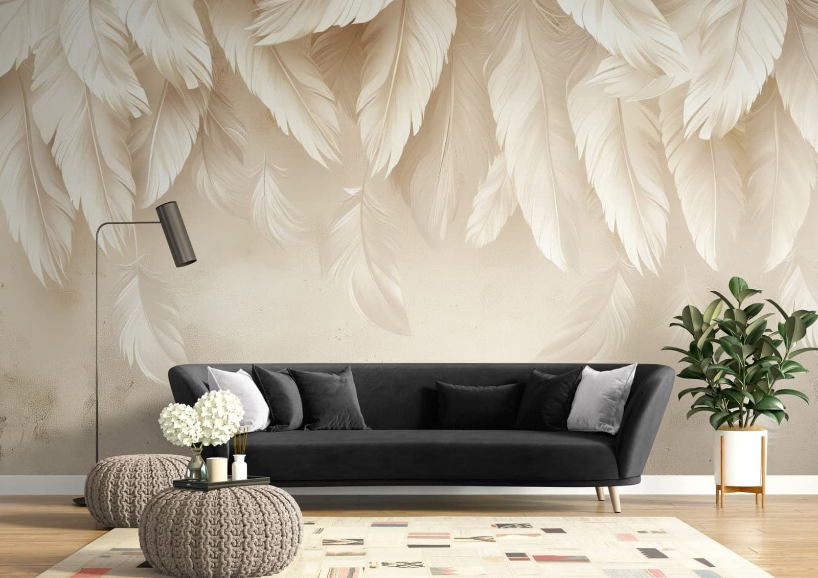 Neutral beige tropical palm leaf mural wallpaper for living rooms in Dubai Investment Park