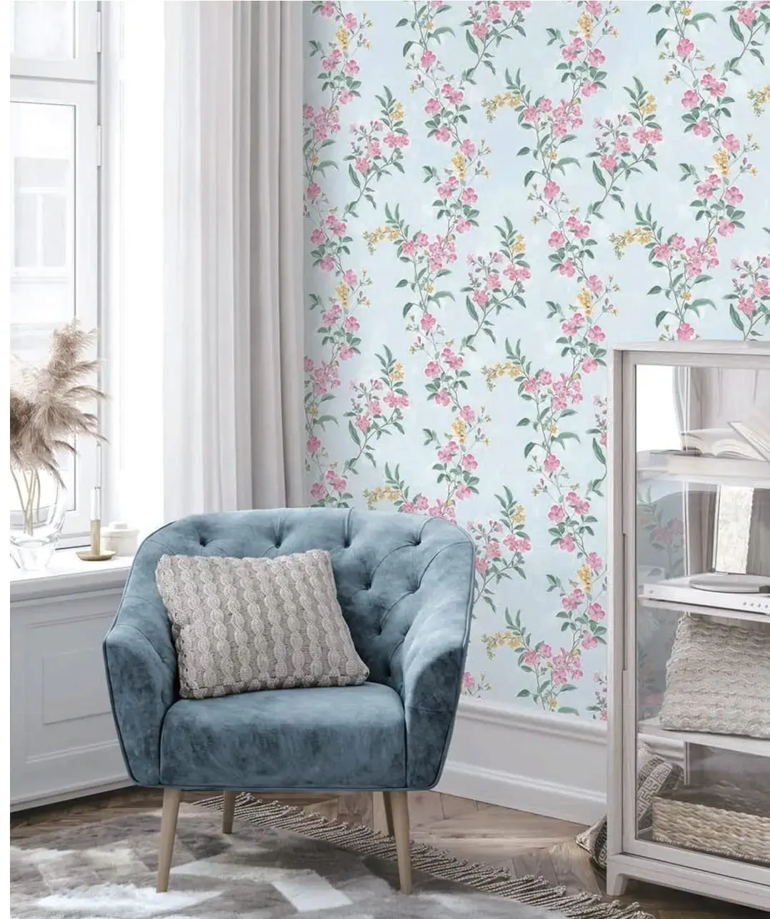Sky blue and pink floral vine wallpaper in Dubai living room