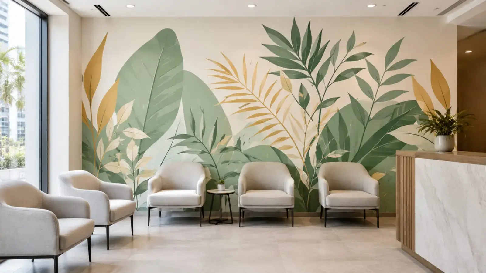 Botanical wall mural Dubai installed in a clinic waiting area in Jumeirah